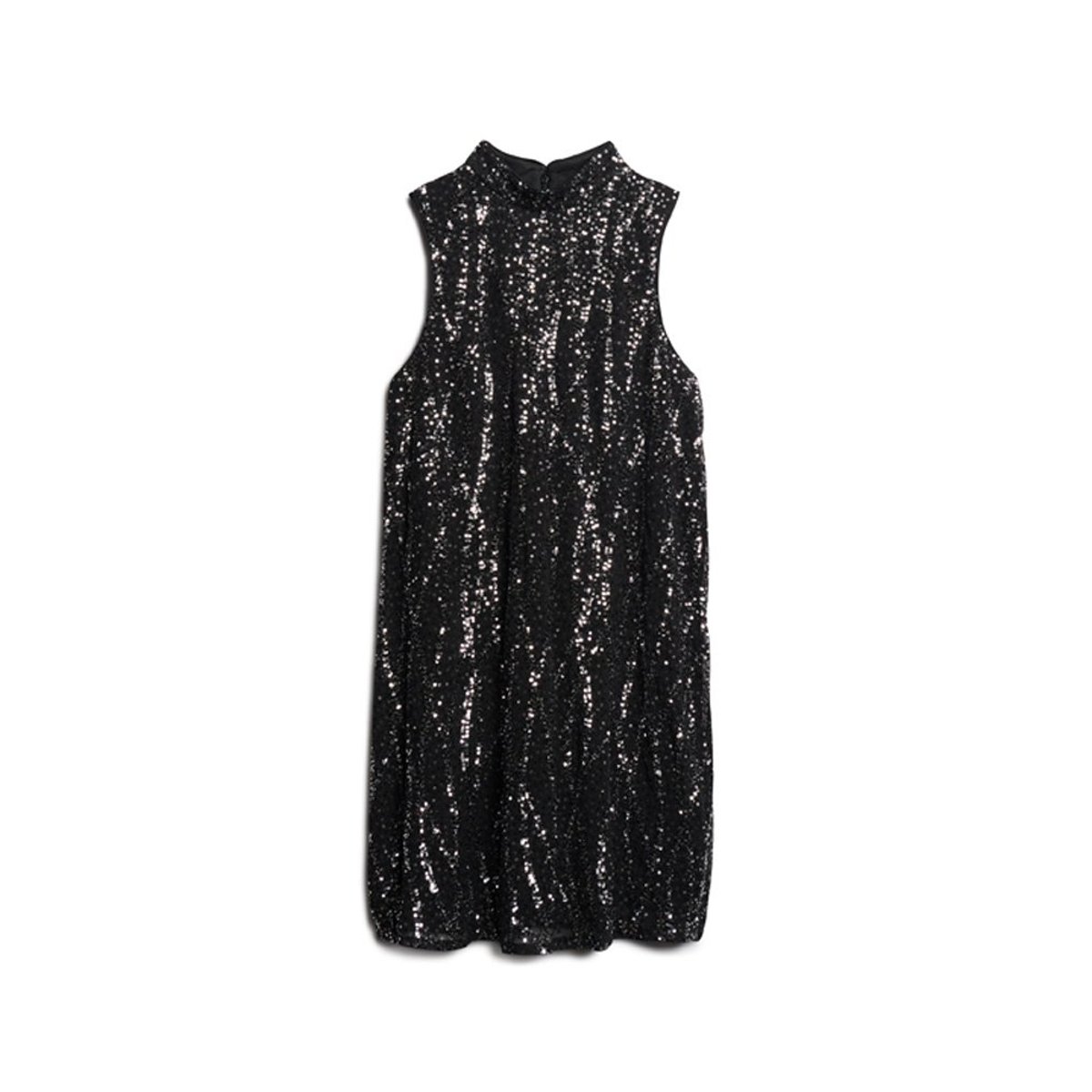 Robe trapèze courte sans manches à sequins sequins noirs, SUPERDRY
