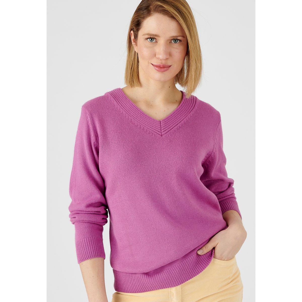 Pull col "V" maille jersey violet mauve, DAMART