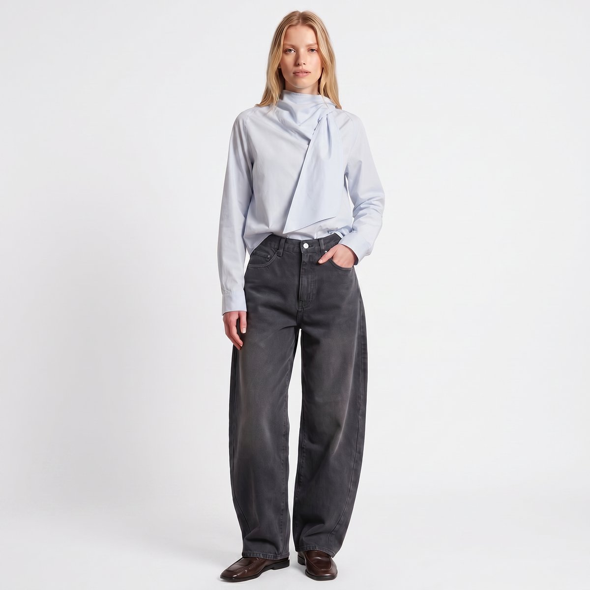 Chemise structurée, col à nouer et manches longues VALIA bleu, ARTLOVE