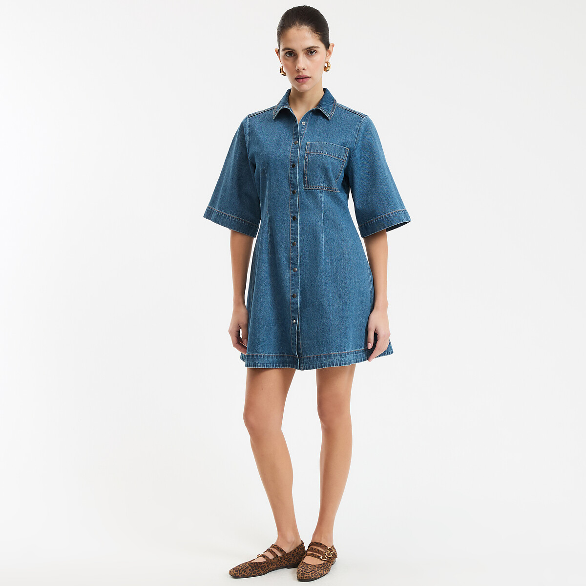 Robe évasée en denim, courte, manches courtes, pressionnée devant denim stone, LA REDOUTE COLLECTIONS