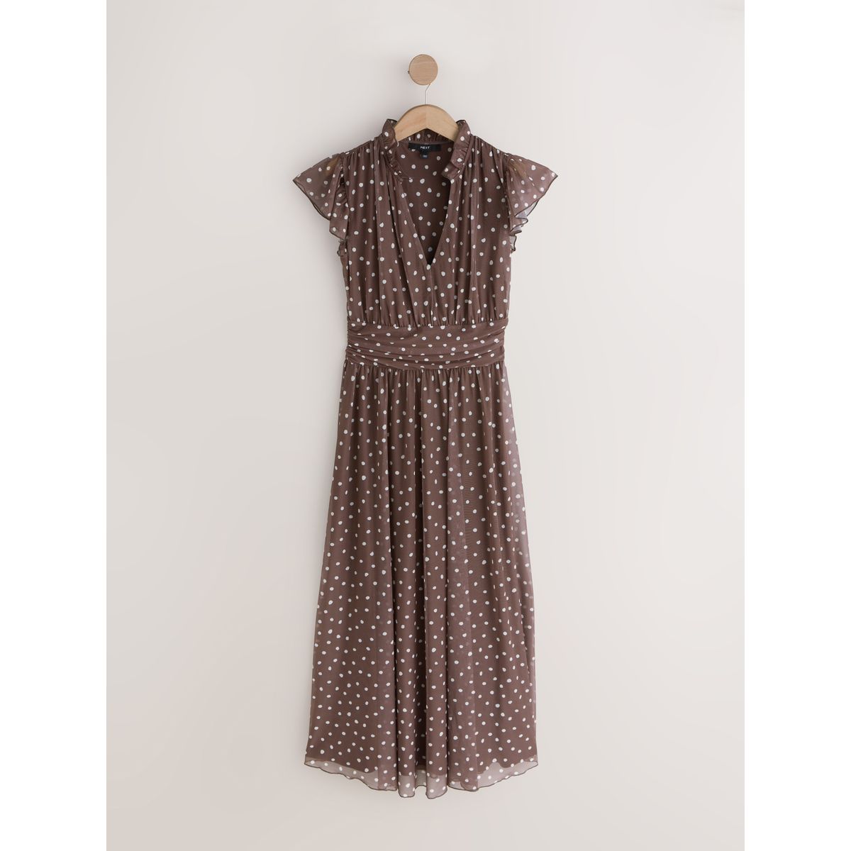 Robe longue imprimée à col v en tulle plissée tache brun chocolat, NEXT