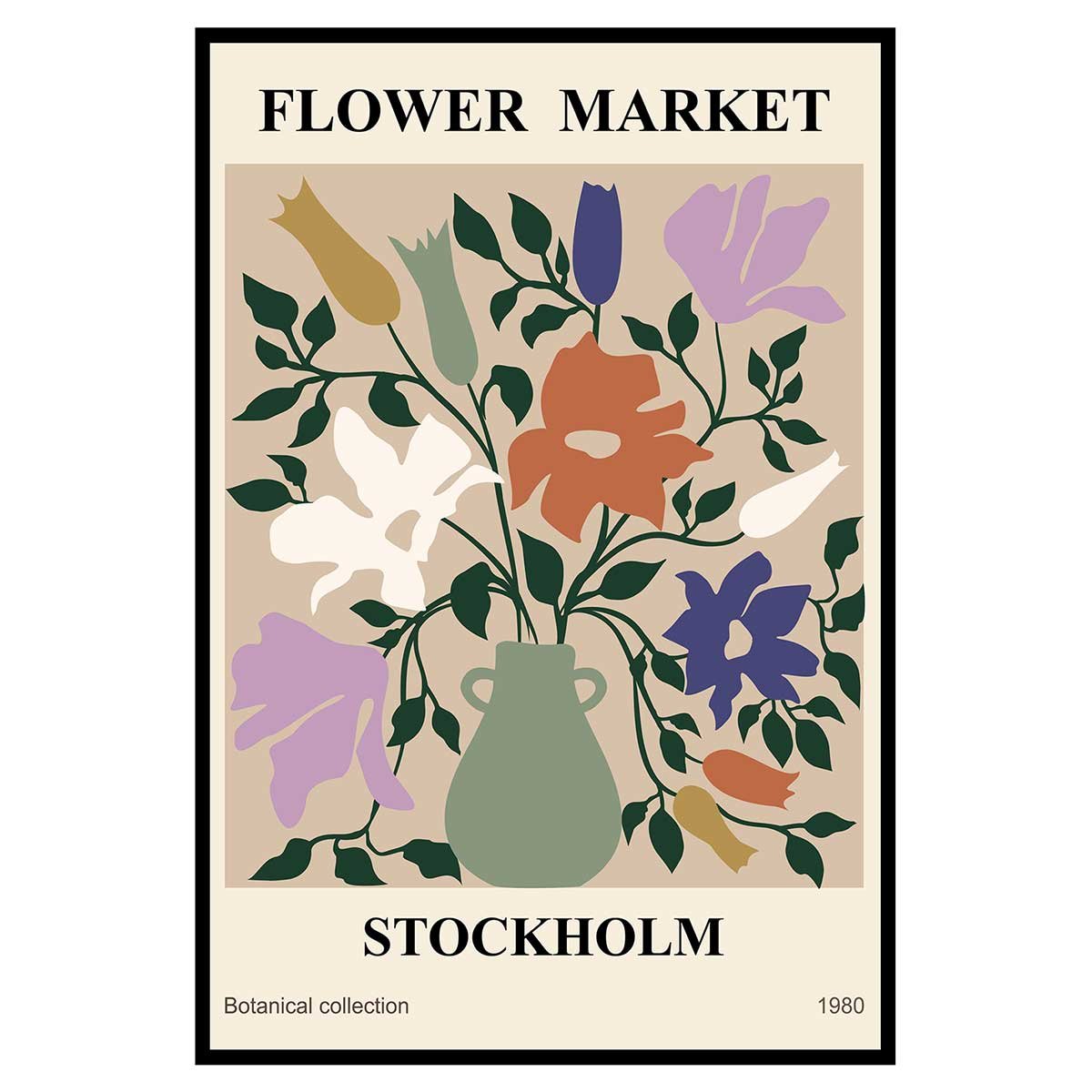 Affiche encadrée bouquet stockholm vintage affiche + cadre en métal - noir, HEXOA