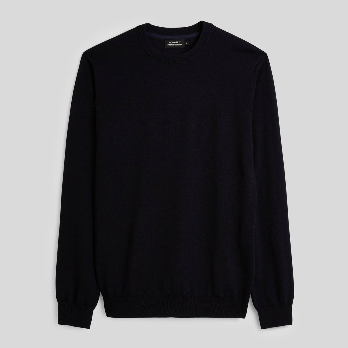 Pull col rond en laine mérinos marine, MONOPRIX