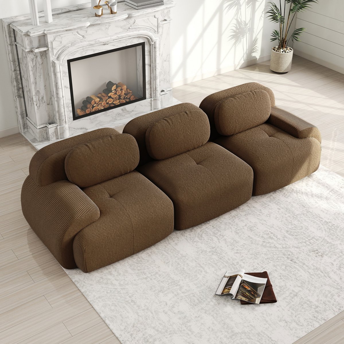 Canapé droit 3 places en velours côtelé design moderne, SNOW marron, MEUBLES COSY
