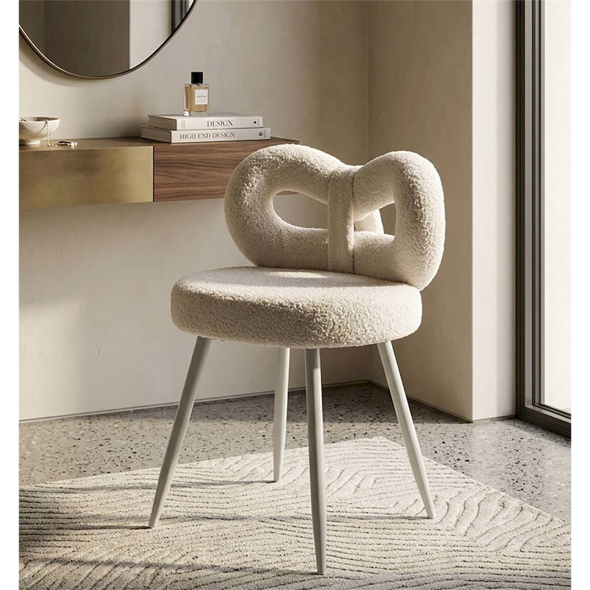 Mini chaise bouclette dossier enveloppant pieds blanc, RECOLLECTION