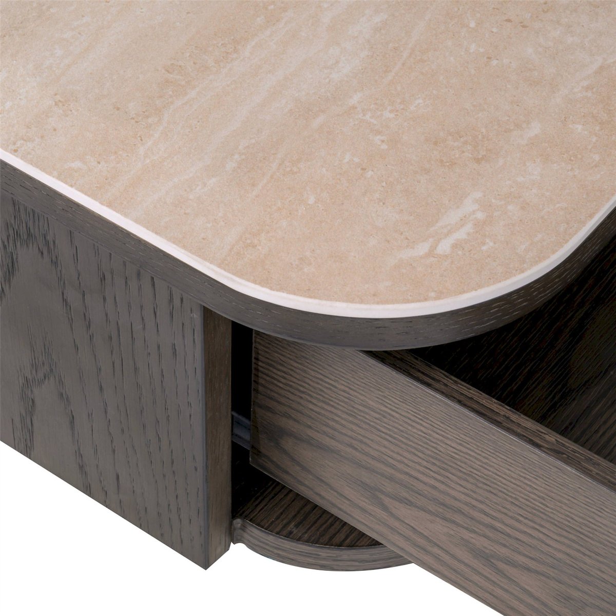 Table de chevet ronde bois et travertin NANDO marron foncé et beige travertin, RECOLLECTION