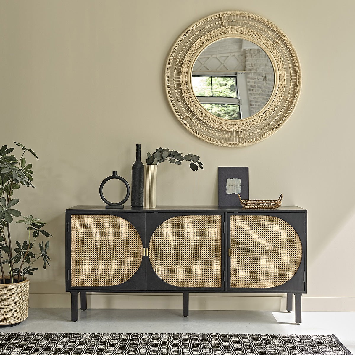 Buffet en bois massif et cannage 175 cm ZULMA noir, BERAH GETAH