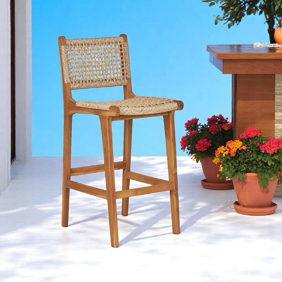 Chaise de bar jardin en teck et résine tressée MENDOZA bois naturel, PIER IMPORT