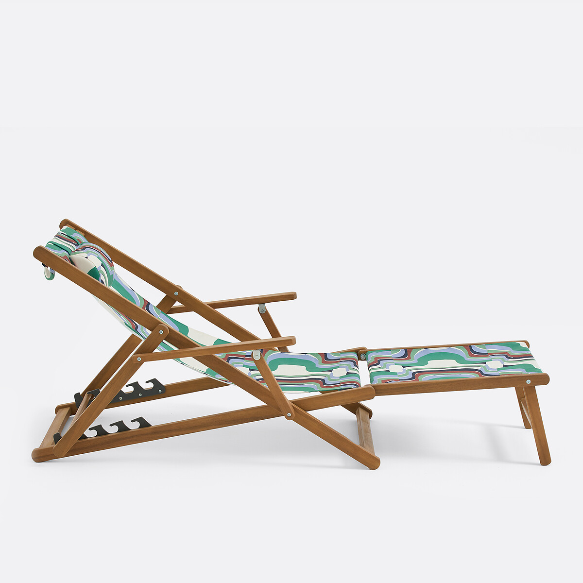 Chaise longue en acacia massif, tissu avec motif graphique, SONGE VERT vert/bleu, MAPOÉSIE X LA REDOUTE INTÉRIEURS