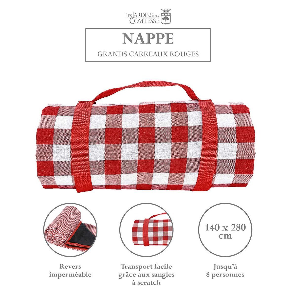 Nappe pique-nique à revers imperméable carreaux rouge et blanc, LES JARDINS DE LA COMTESSE