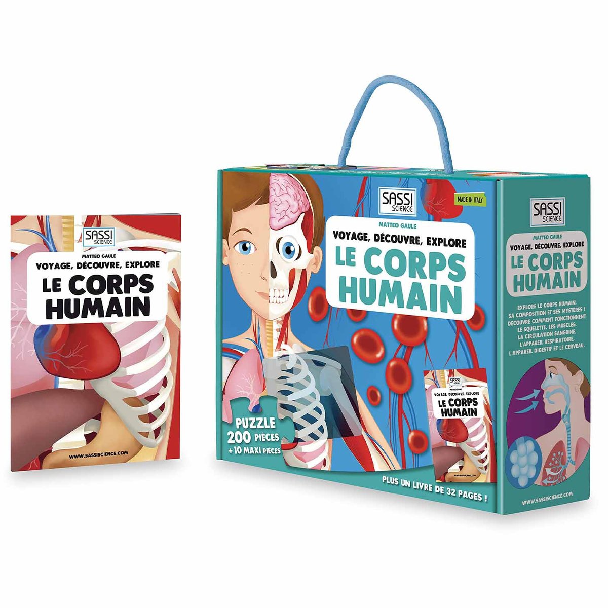 Puzzle & Livre - Voyagez, découvrez, explorez, Le corps humain bleu, SASSI
