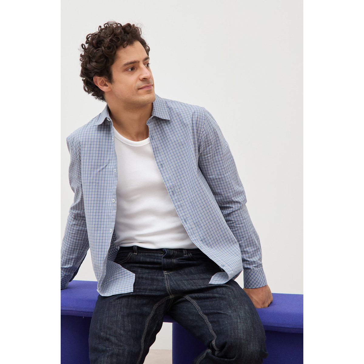Chemise col américain manches longues bleu gris, BONOBO