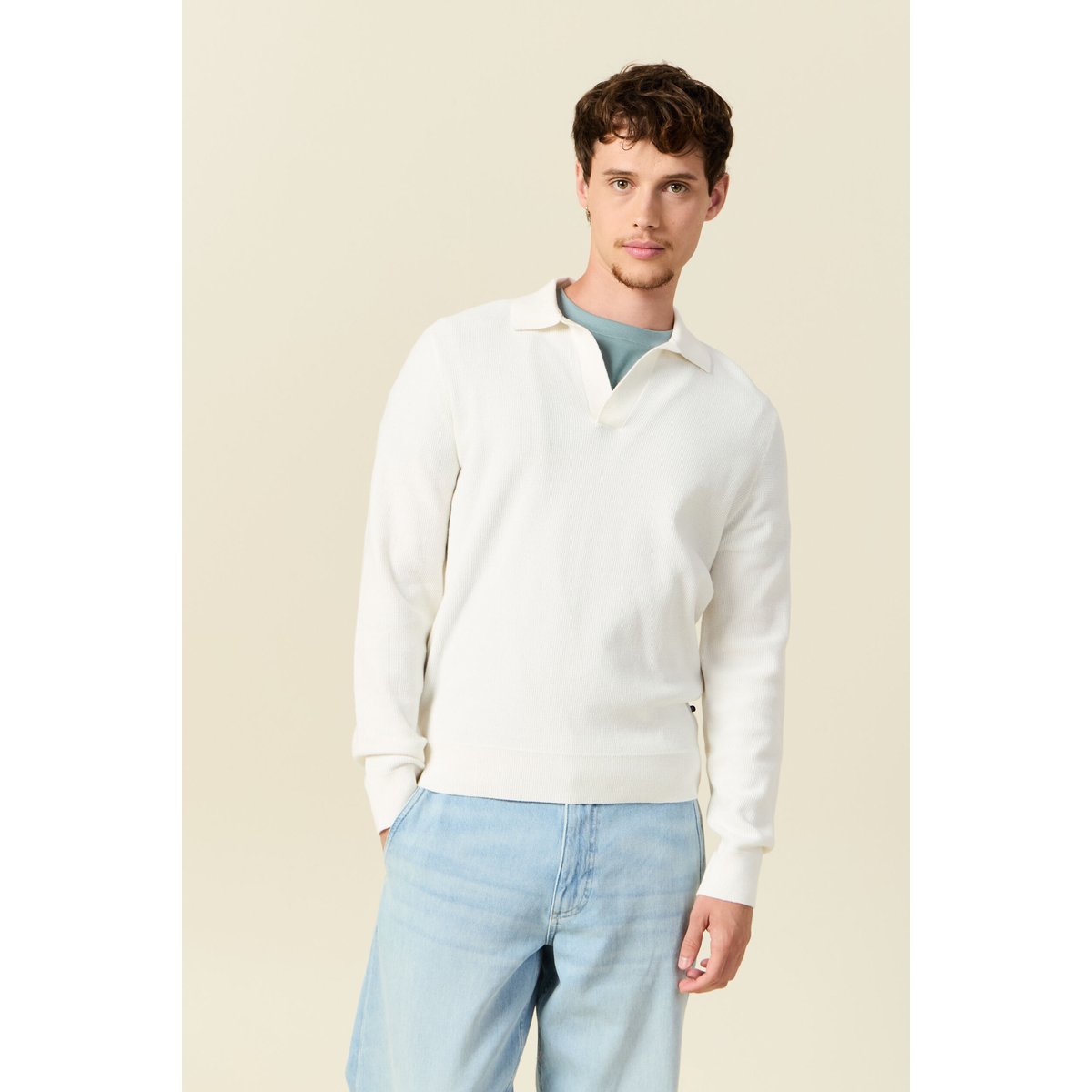 Pull droit col polo manches longues ecru, BONOBO