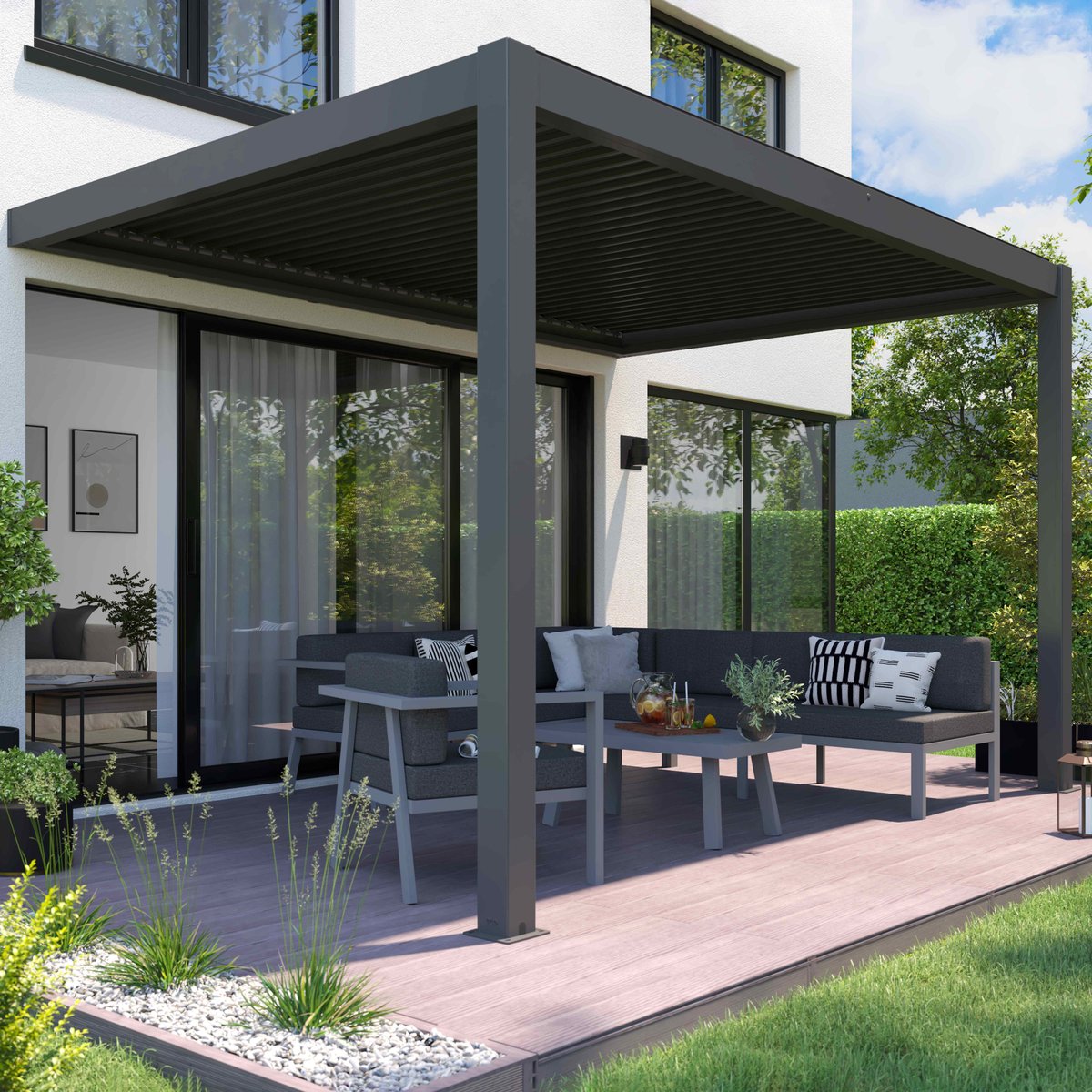 Pergola bioclimatique adossée et motorisée 3 x 4 x 2,5m gris gris, OVIALA