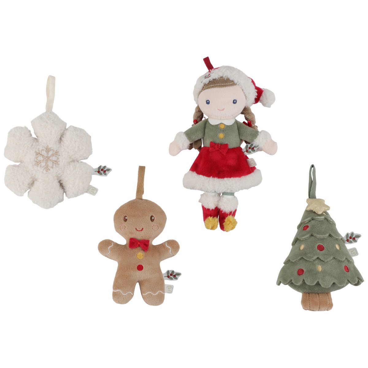Lot de 4 décorations de Noël en peluche à suspendre vert, rouge, blanc, LITTLE DUTCH