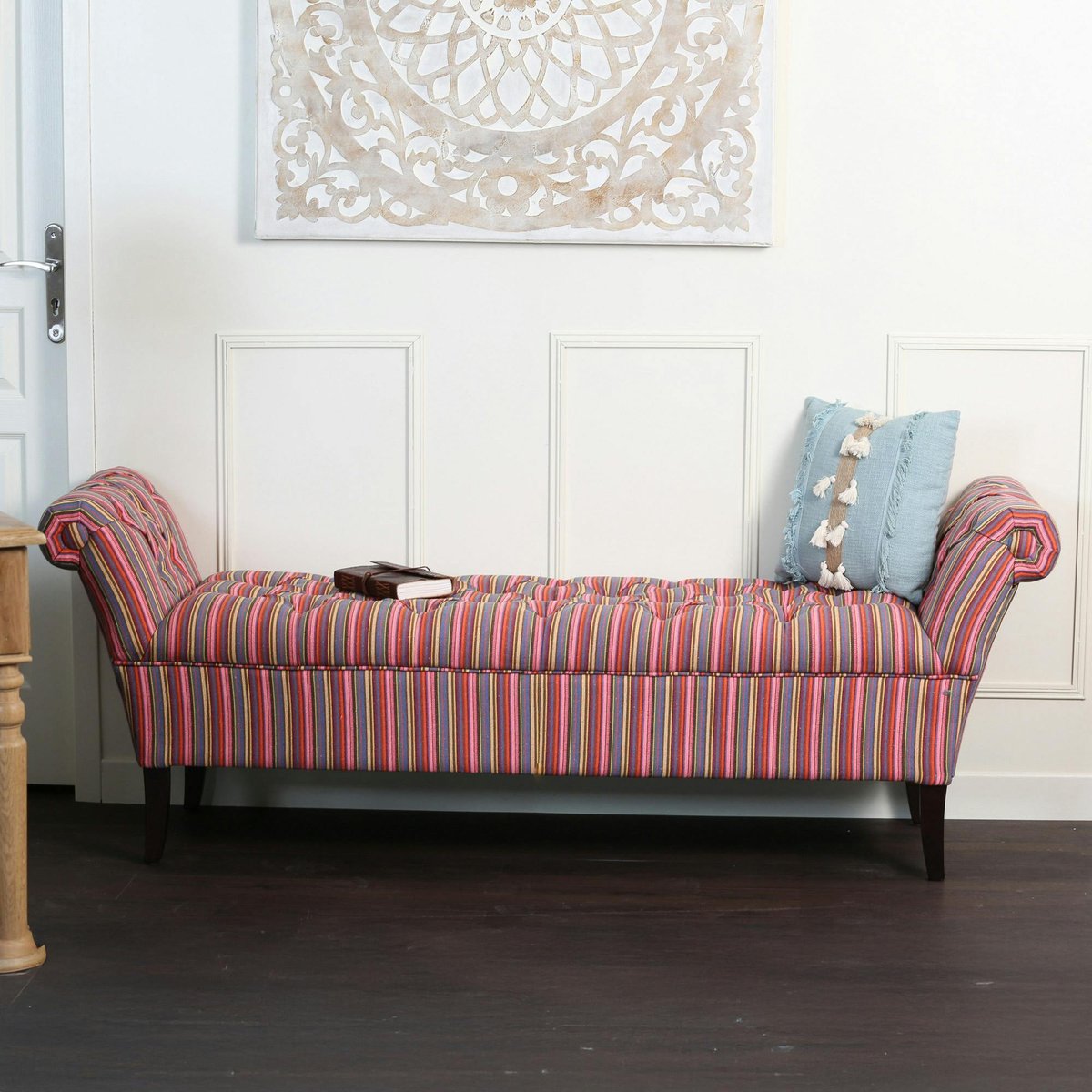 Banc méridienne capitonnée rayures coton BUTTON rose, PIER IMPORT