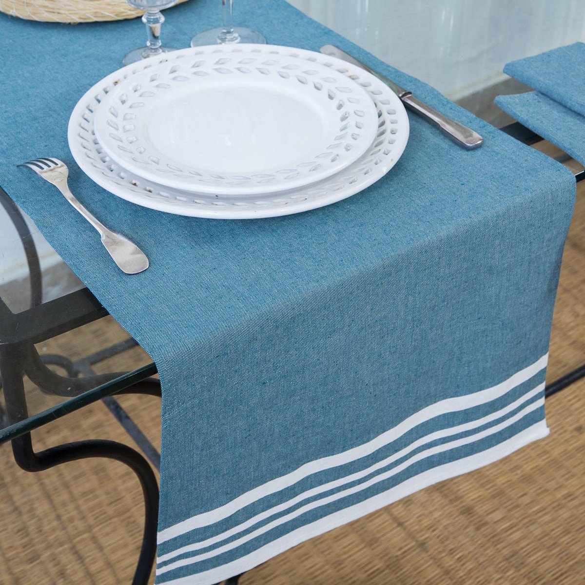 Chemin de table coton MAHDIA bleu pétrole, FEBRONIE
