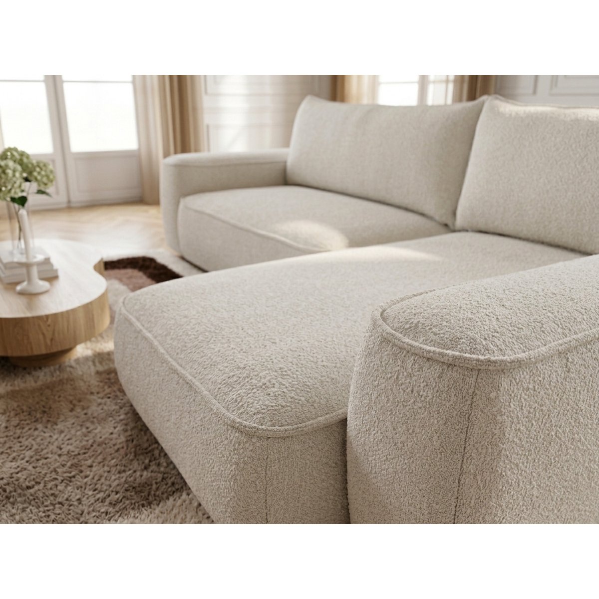Canapé d'angle convertible 3 places en tissu chenille, HONORE blanc, BOBOCHIC
