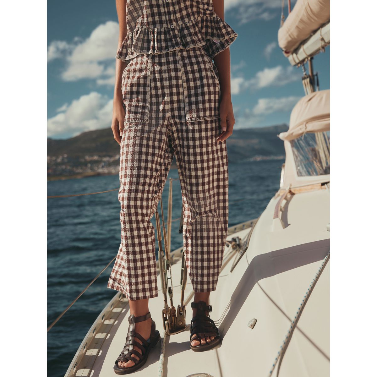 Pantalon court et droit vichy marron chocolat, NEXT