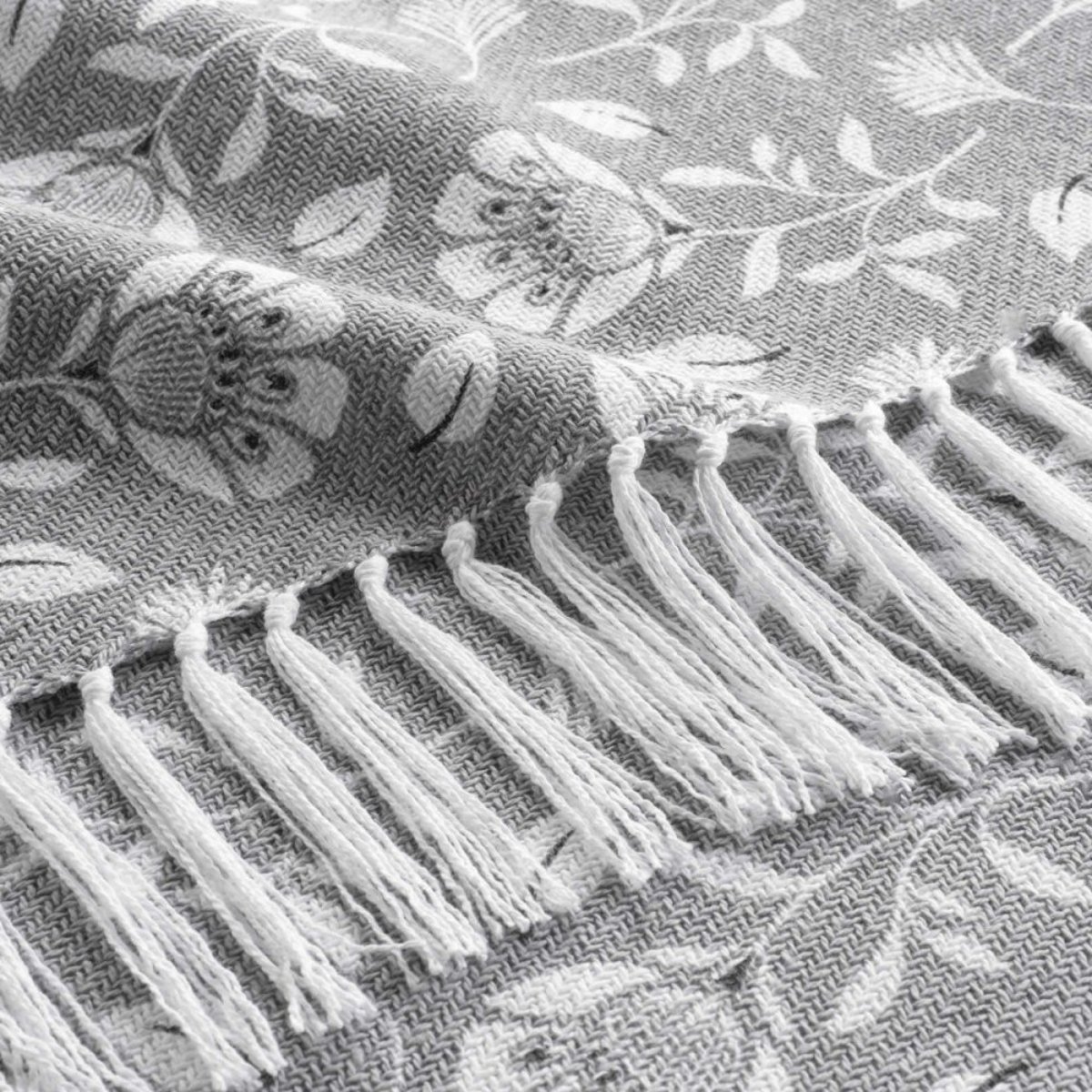 Plaid à franges 125x150 coton polyester imprimé Flavie gris, DECORATIE