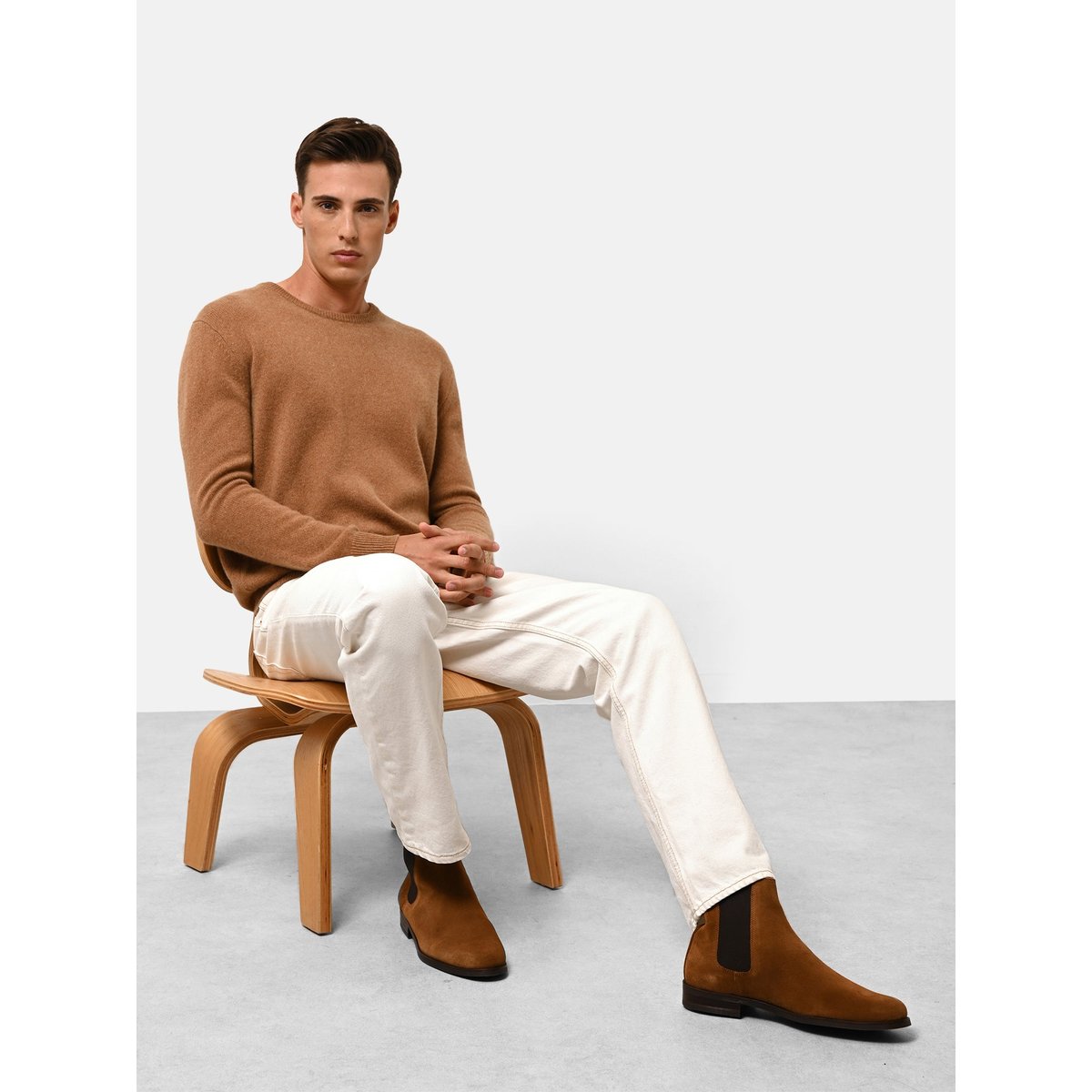Pull Col Rond 4 Fils Noisette Gabin marron clair, JUST CASHMERE
