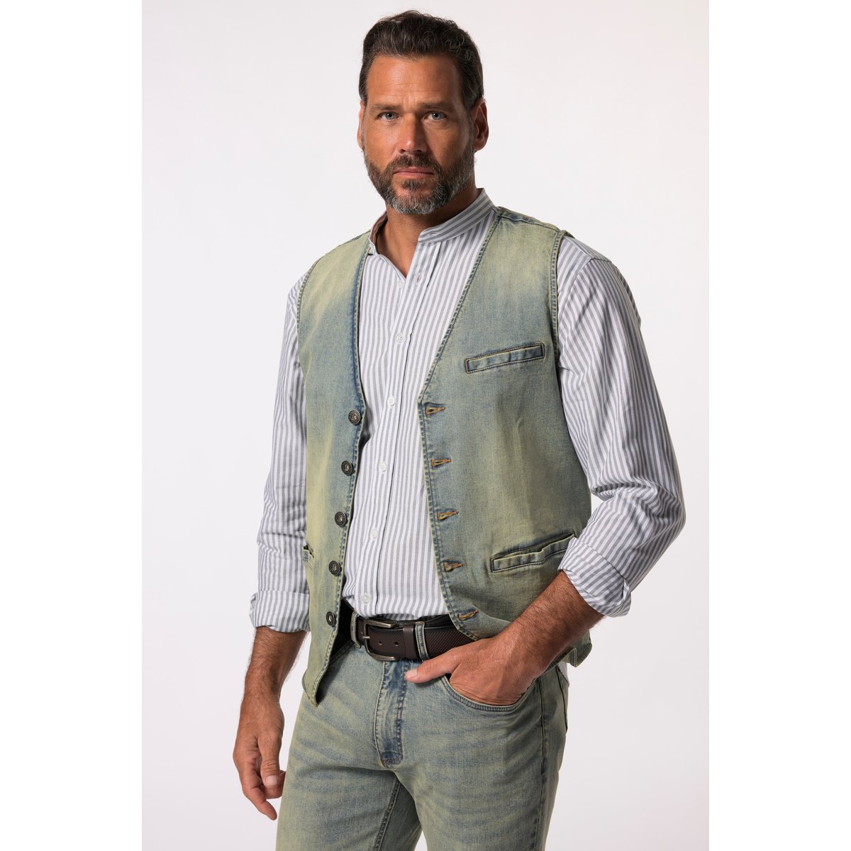 Gilet en jean esprit vintage, aspect denim bleu jean mat, JP1880