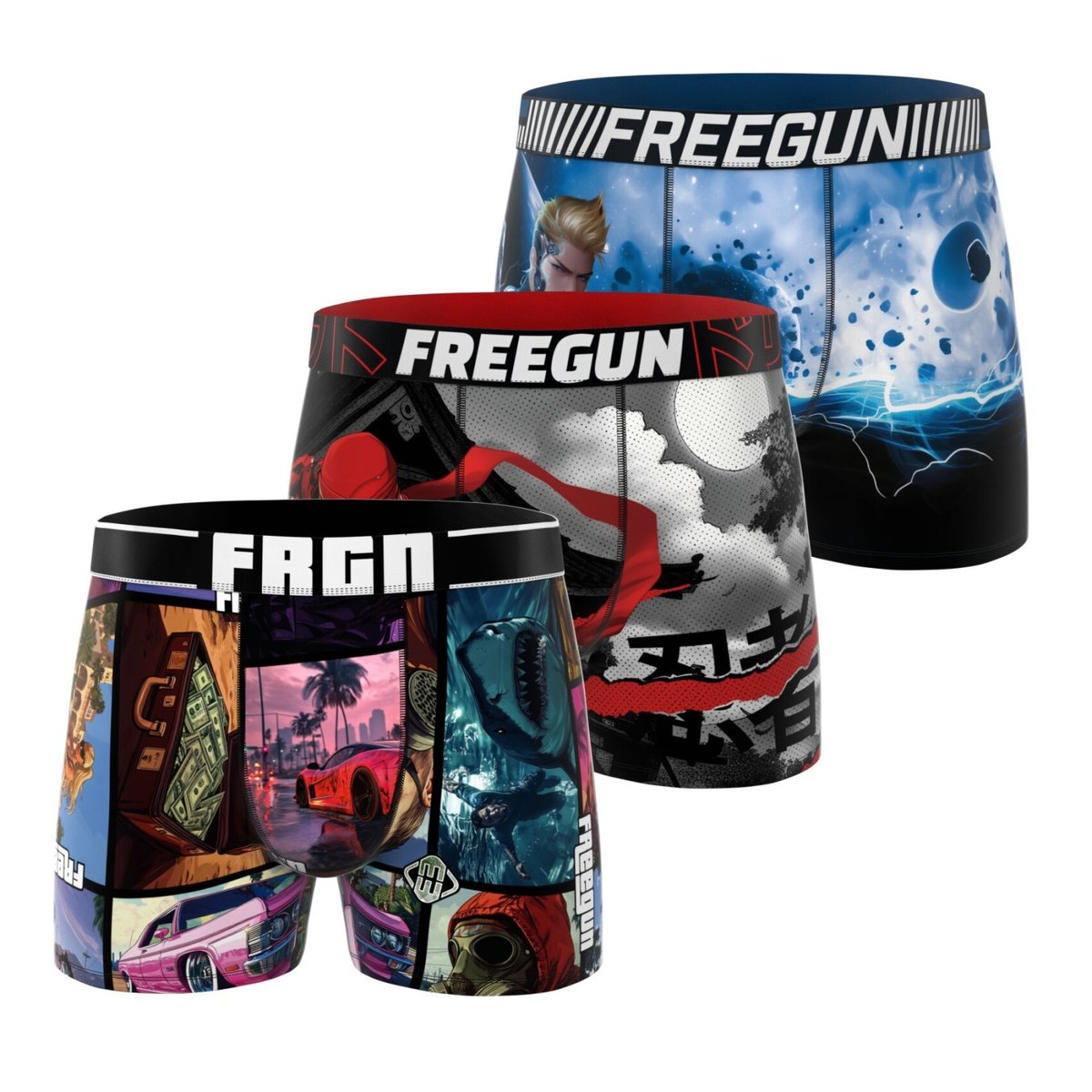 Lot De 3 Boxers Microfibre bleu/noir/rouge/gris/rose, FREEGUN