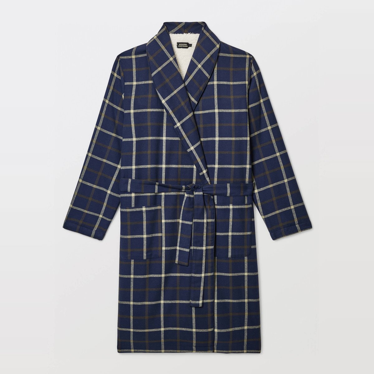 Peignoir à carreaux en flanelle intérieur sherpa marine, MONOPRIX