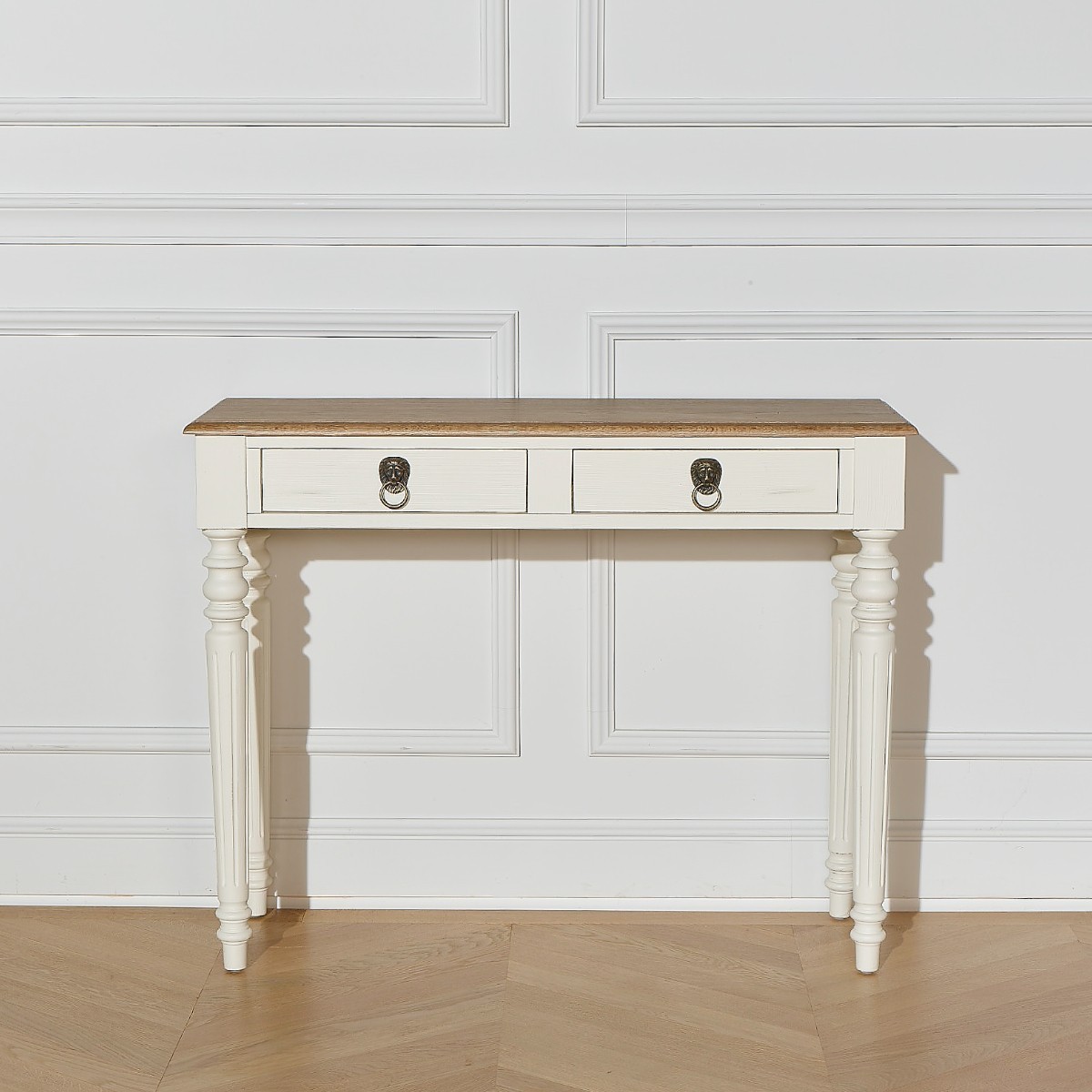 Console style shabby chic, plateau en chêne, 2 tiroirs ANGLOIS blanc, ROBIN DES BOIS