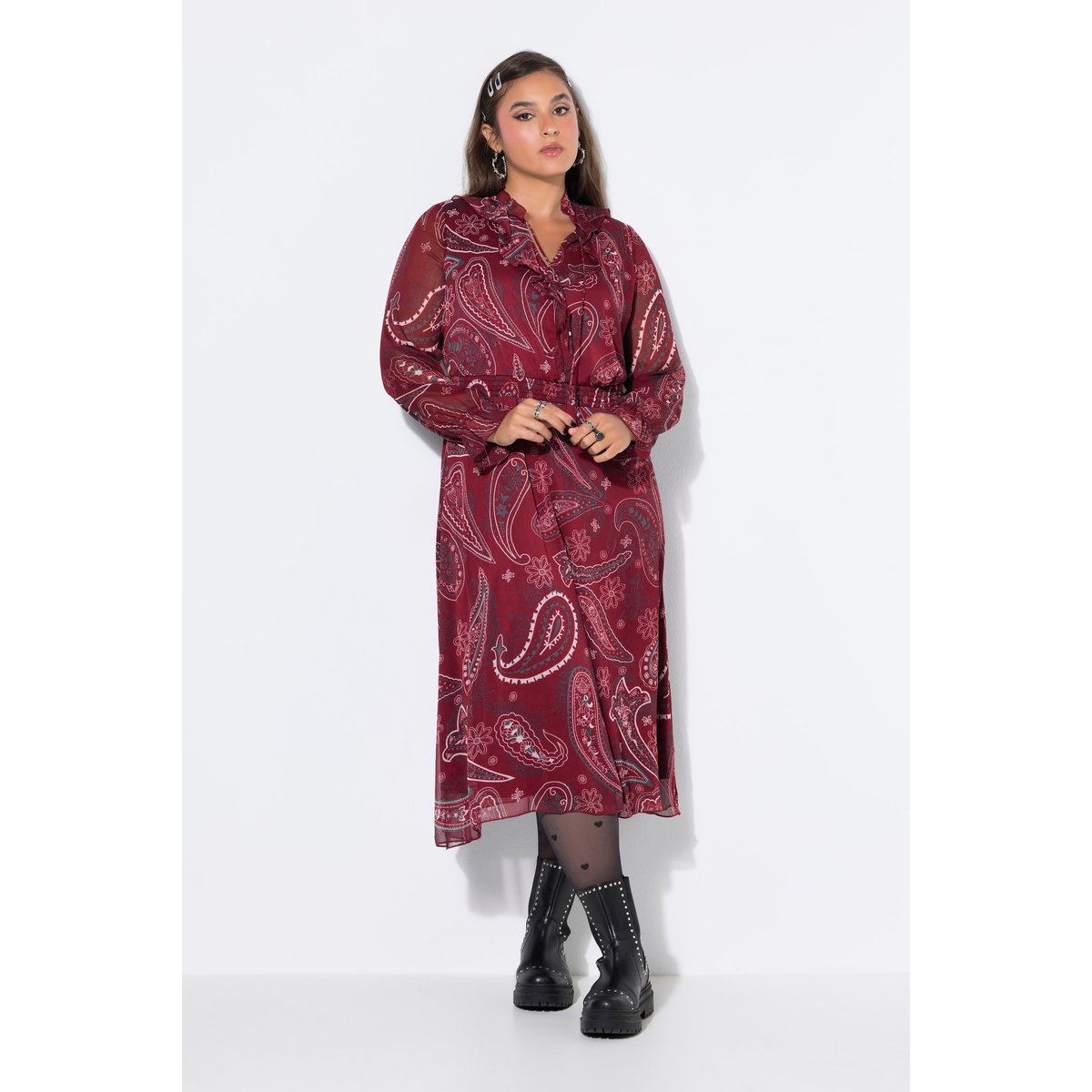 Robe midi, coupe trapèze, mousseline rouge vin, STUDIO UNTOLD