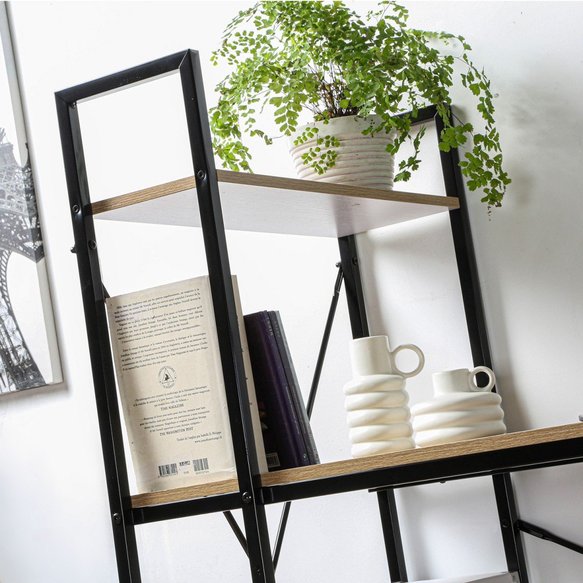 Bureau L120cm avec 4 étagères style industriel bois clair, CALICOSY
