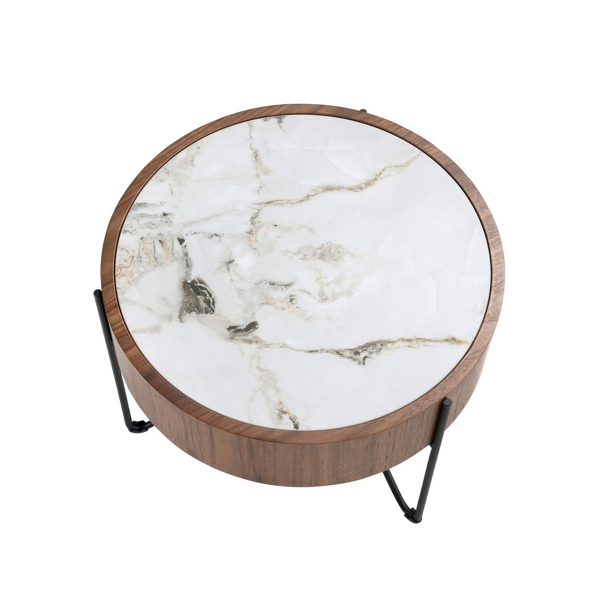 Table d'angle ronde en marbre porcelaine, noyer et acier noir noyer | blanc | noir, ANGEL CERDA