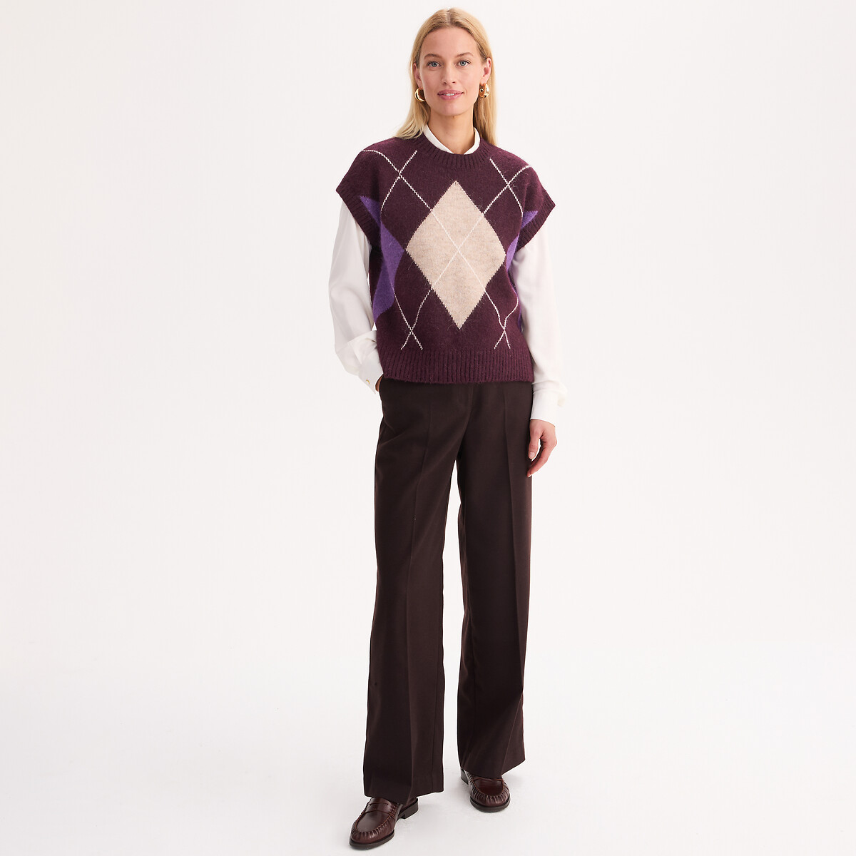 Pull sans manches carreaux argyles en 25% laine et 25% alpaga carreaux multicolores, ANNE WEYBURN