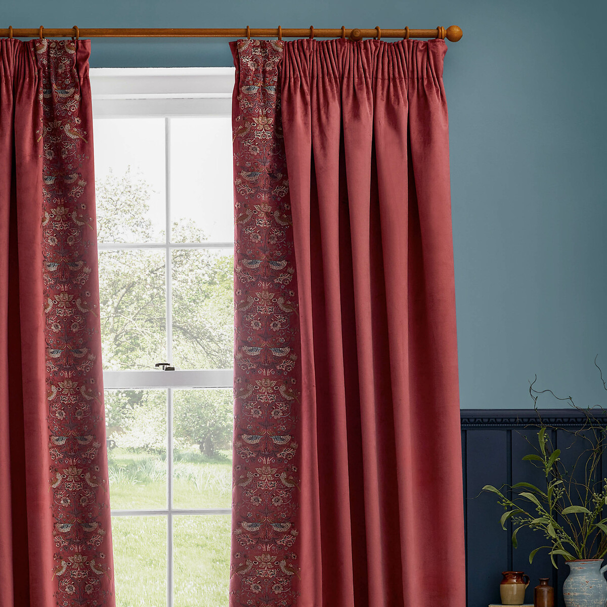 Strawberry Thief Embroidered Pencil Pleat Curtains berry, MORRIS & CO.