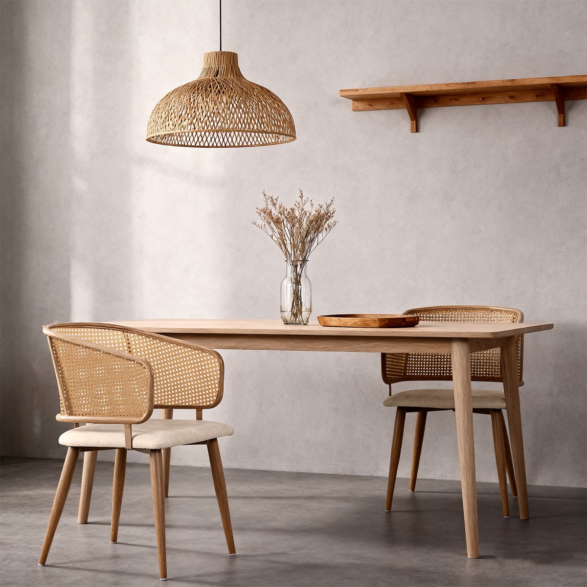 Lot de 2 chaises de salle à manger en velours avec dossier en rotin style moderne et confortable, DEWR beige, MEUBLES COSY