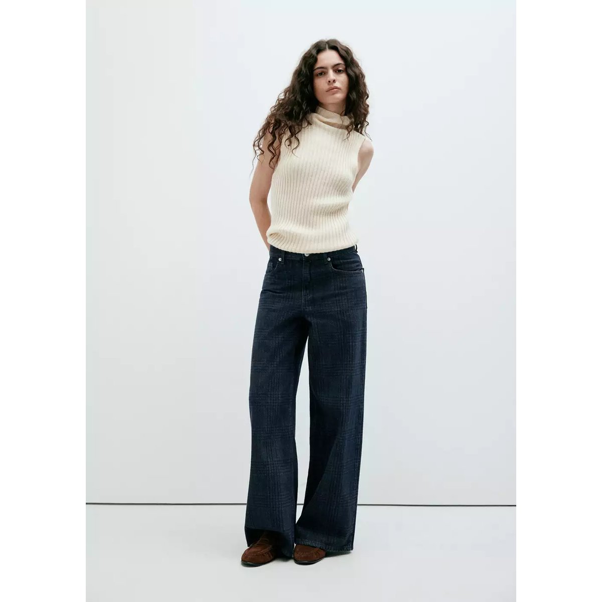 Jean wide leg à carreaux bleu, MANGO