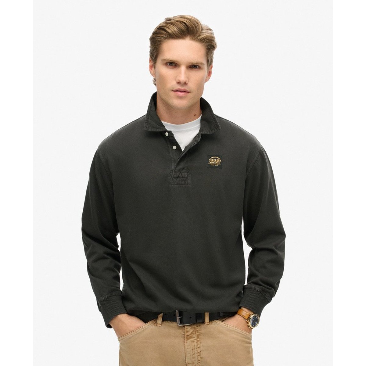 Polo de rugby à manches longues et surpiqûres contrastées noir délavé, SUPERDRY