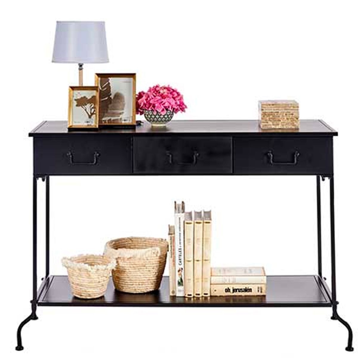 Console en métal noir 3 tiroirs et 1 étagère 84,5x43x121cm noir, WADIGA