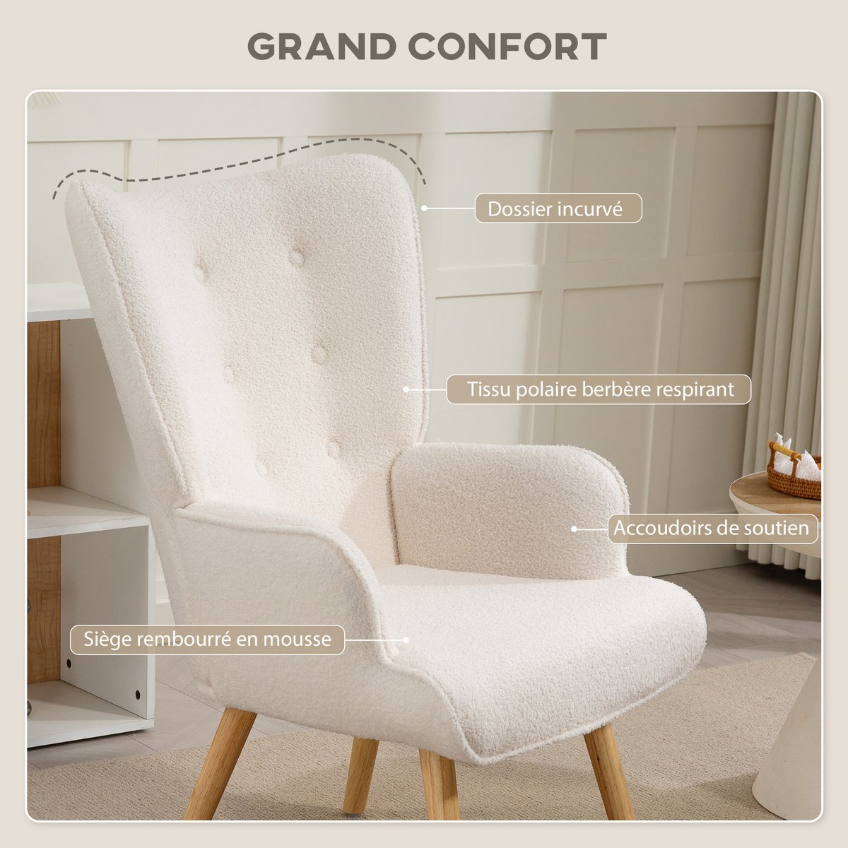 Accent Chair Tissu bouclette (100% polyester) beige, HOMCOM
