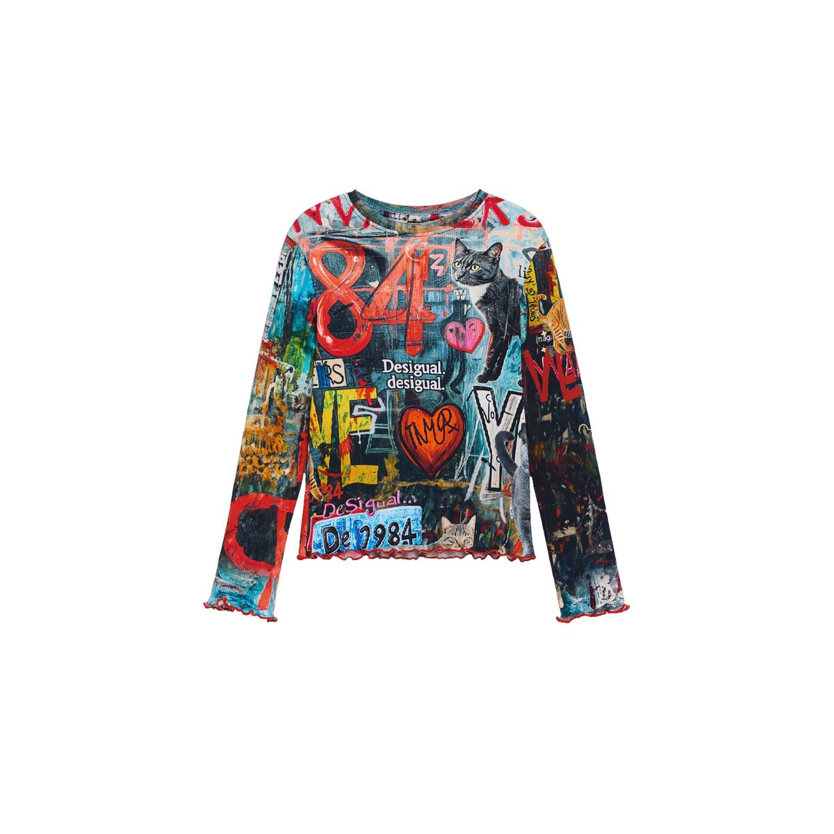T-shirt à manches longues imprimé noir, DESIGUAL