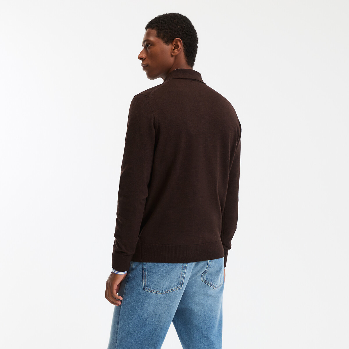 Pull col polo en laine mérinos, Signature marron, LA REDOUTE COLLECTIONS