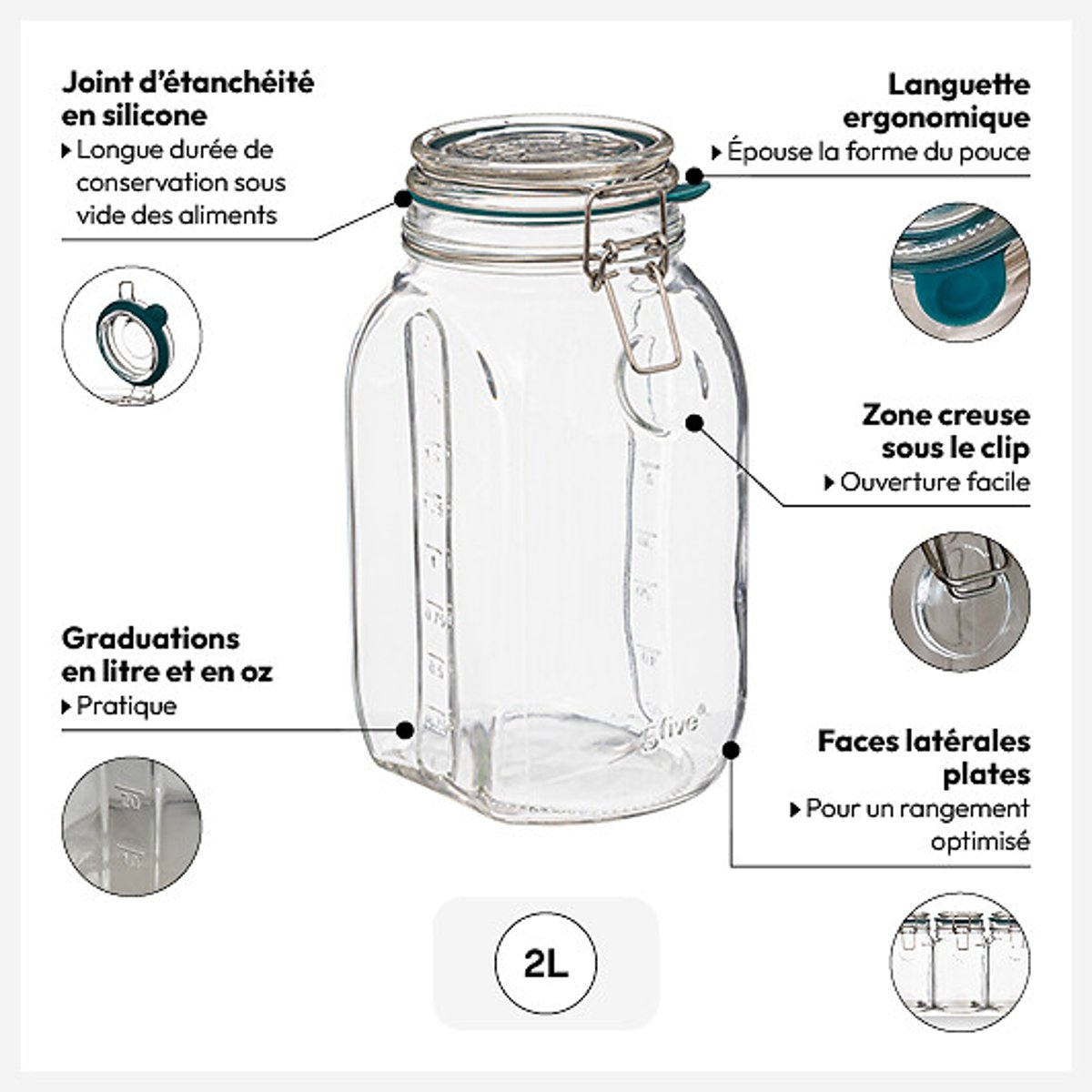 Bocal verre 1L JARRO transparent, 5FIVE SIMPLY SMART