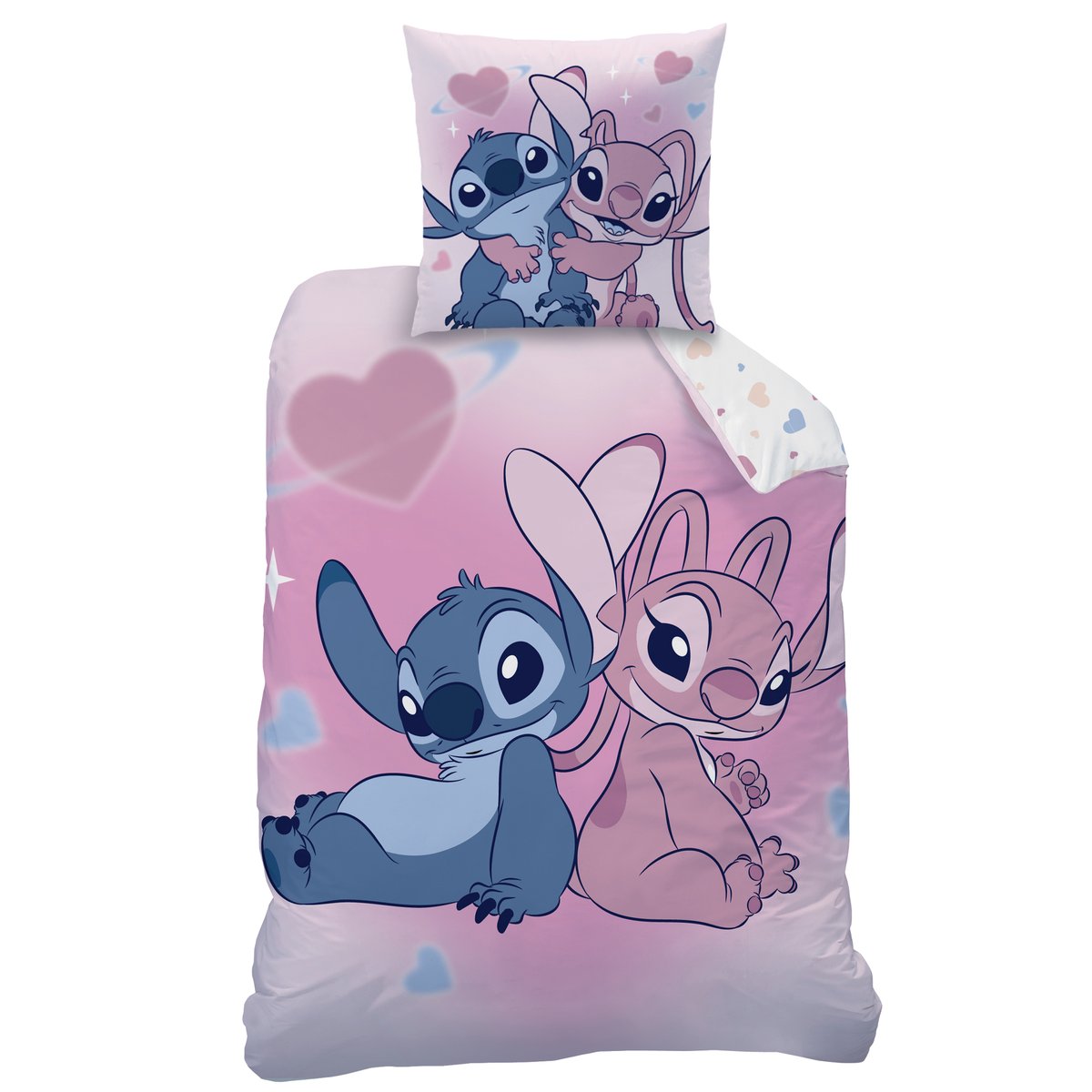 Parure de lit imprimée 100% Coton, BISOUS rose, DISNEY STITCH 