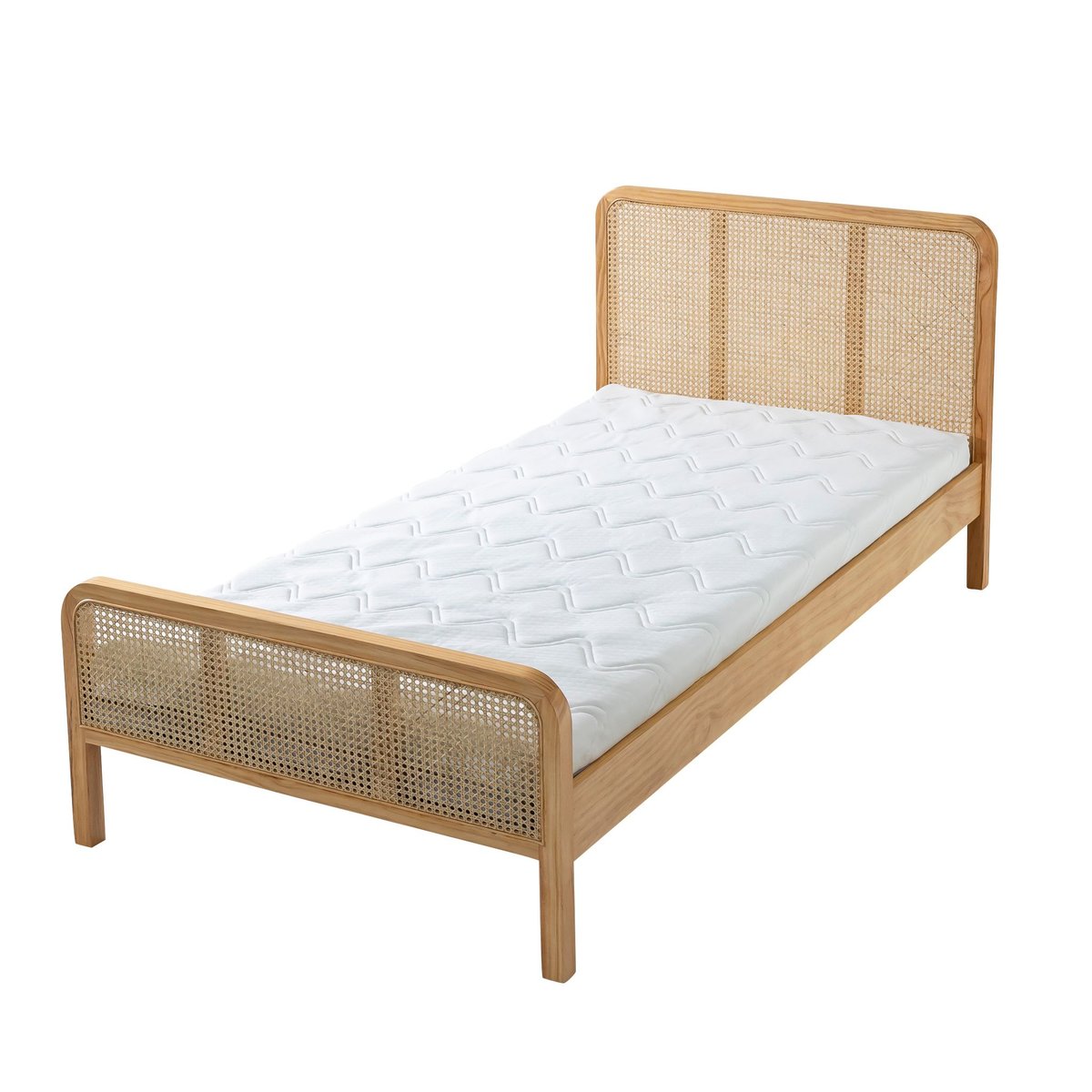 Lit en pin massif avec cannage - ANNA bois naturel, TERRE DE NUIT