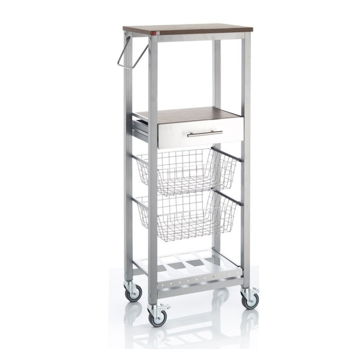 Chariot de cuisine haut ONDA ALUMINIUM, Meuble de rangement multifonction avec paniers, tiroir et porte-bouteilles cerisier le gard, DON HIERRO