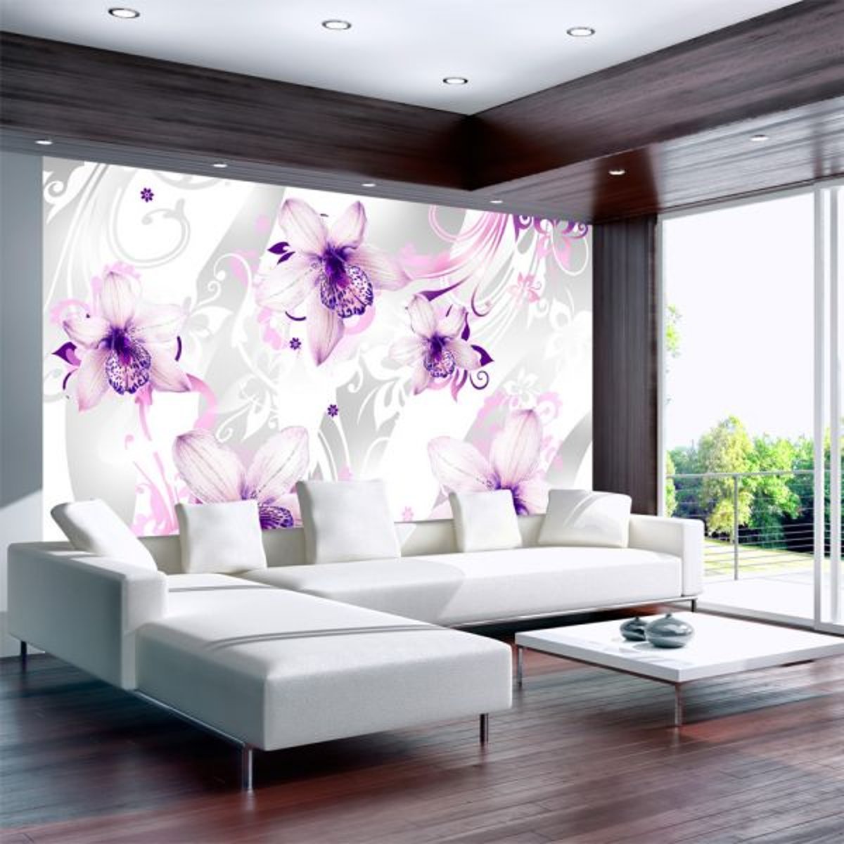 Papier peint intissé panoramique Fleurs Sounds of subtlety - violet gris / argent, EDEN