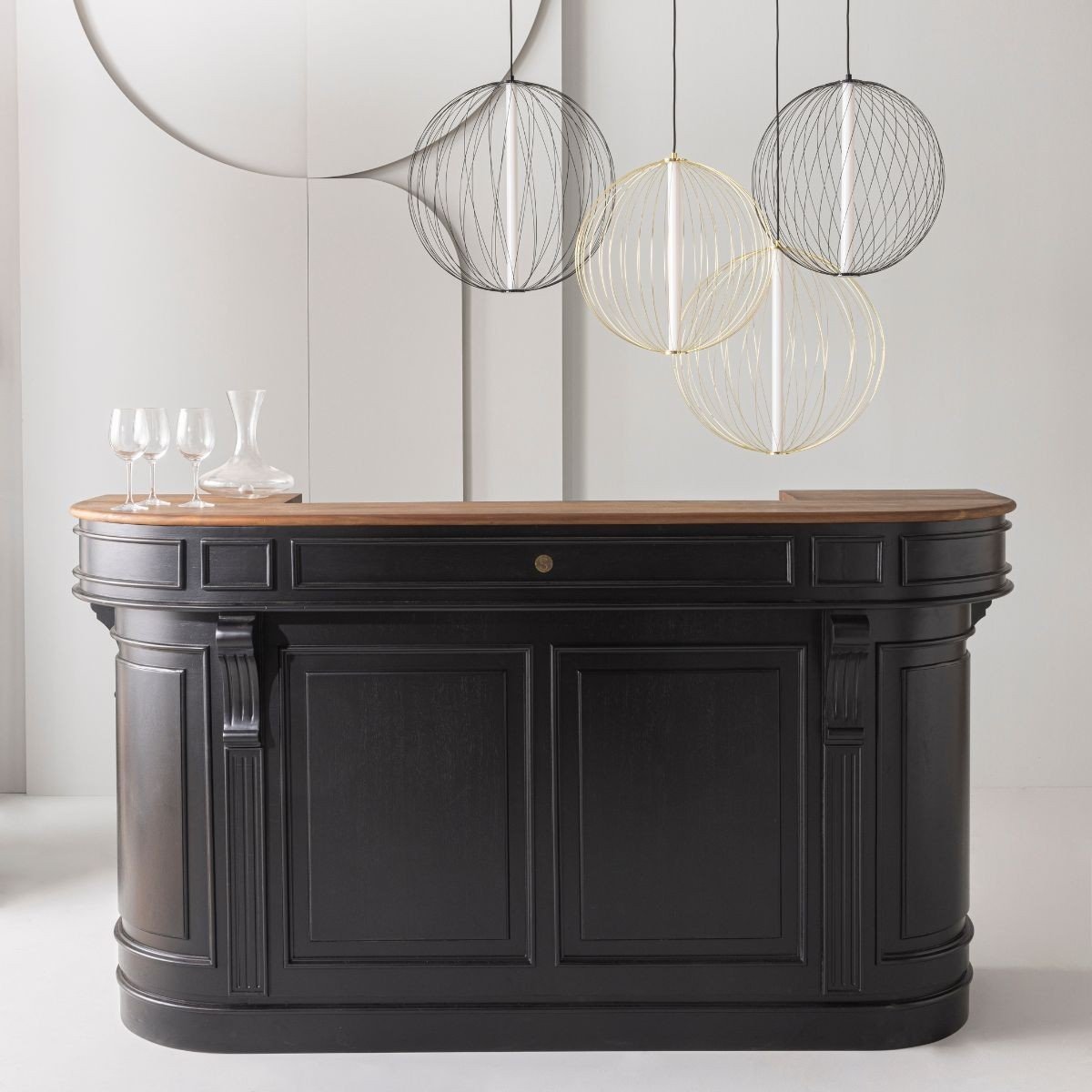 Comptoir estaminet en acacia massif peint en noir L200 cm noir, SIGNATURE