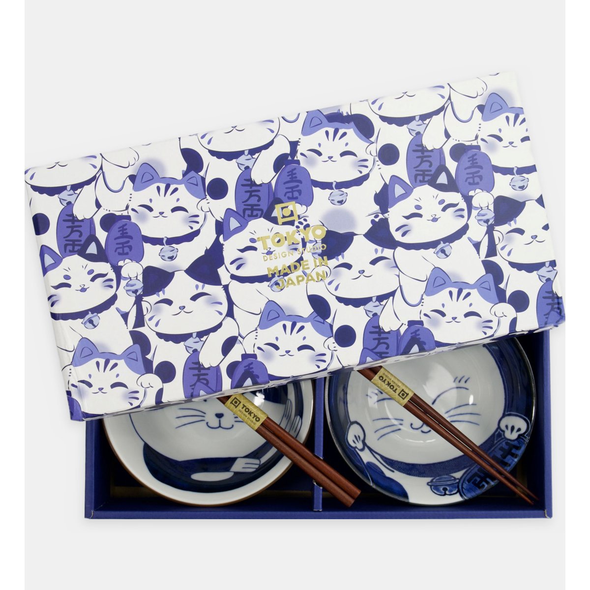 Coffret de 2 bols tayo et 2 paires de baguettes - chat bleu et blanc, TOKYO DESIGN STUDIO