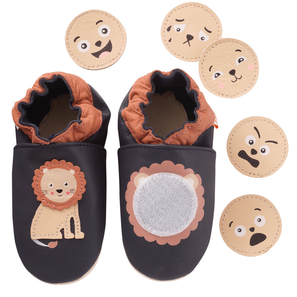 Chaussons bébé cuir souple à emotions bleu, TICHOUPS