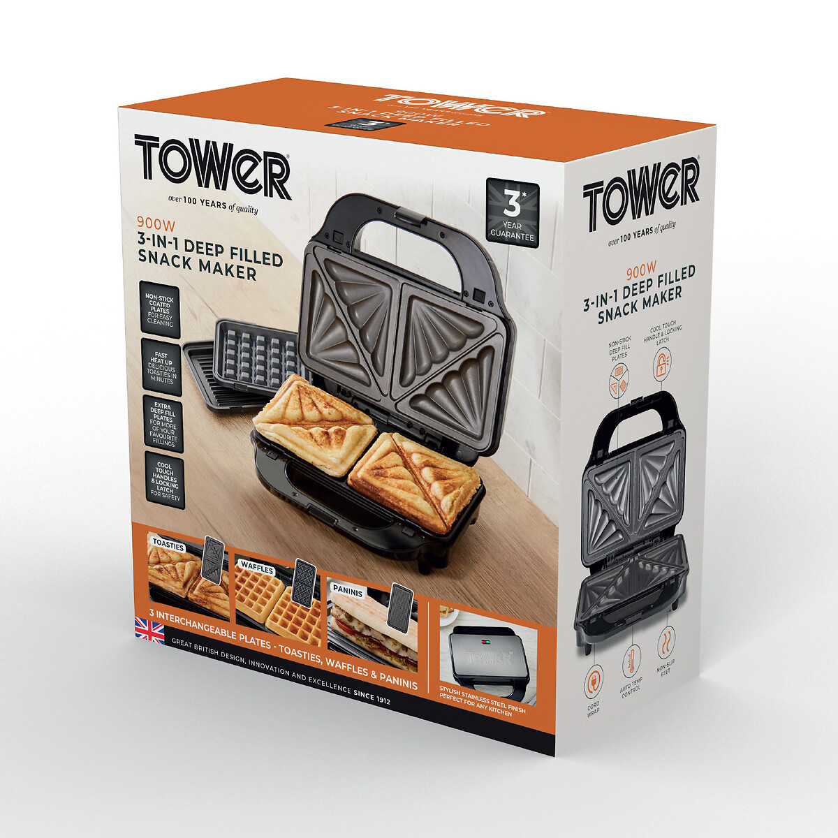 3-in-1 Deep Fill Sandwich Maker - T27032 stainless steel, TOWER